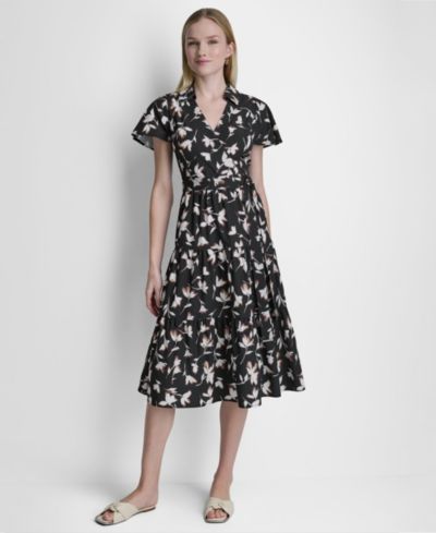 Женское многослойное платье миди DKNY Flutter-Sleeve Tiered Printed