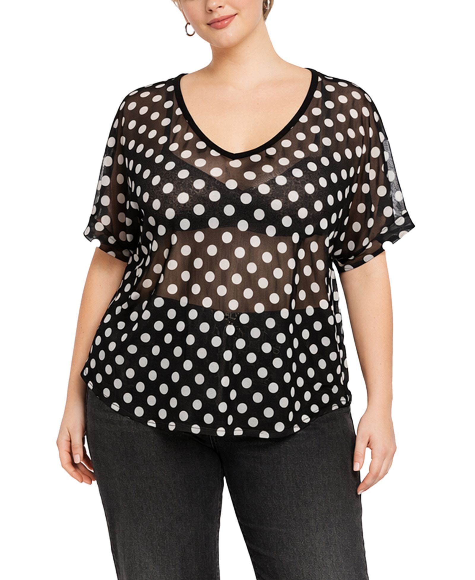 Топ COIN 1804 Plus Size Polka Dot Mesh Rolled-Sleeve