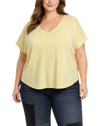COIN 1804 Plus Size Vertical Stripe Rolled-Sleeve Top