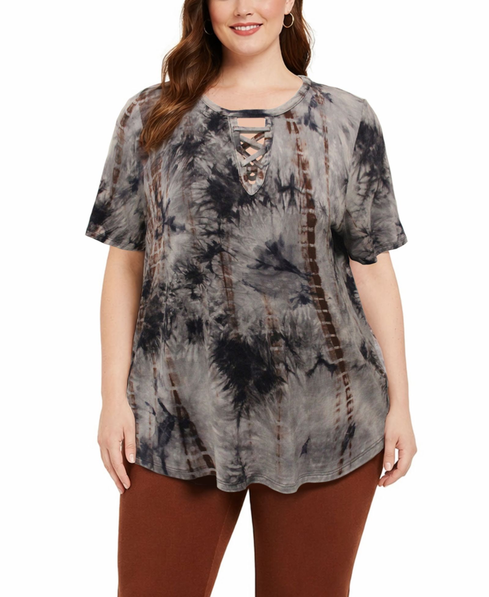 COIN 1804 Plus Size Tie Dye Lace Up Short-Sleeve Top