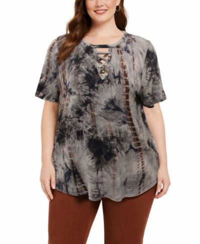 COIN 1804 Plus Size топ с эффектом тай-дай и завязками, короткий рукав