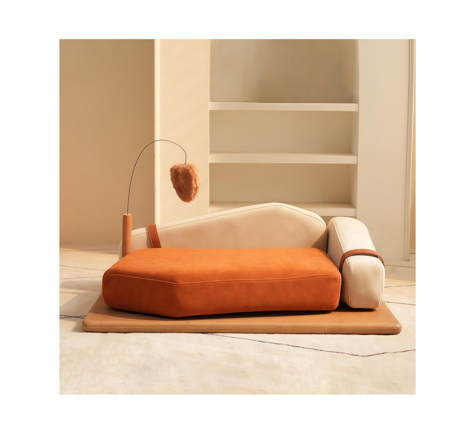 6thdruple Modern Chenille Pet House Bed with Wood Frame and Hanging Toy for Cats and Dogs