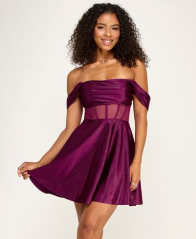 Мини-платье KATIA RAE Juniors' Off-The-Shoulder Fit and Flare с корсетом