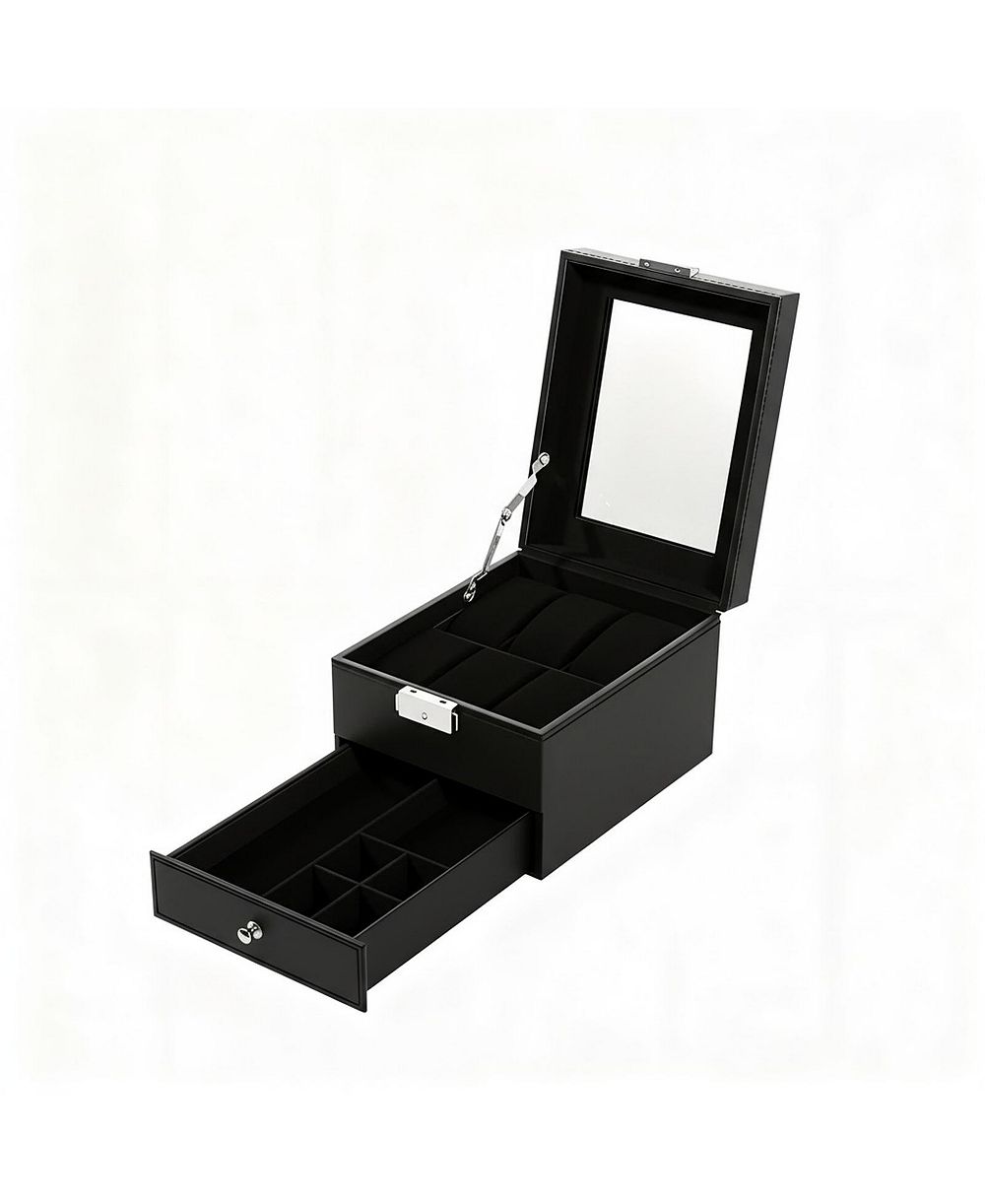 YIGII Watch Storage Box PU Leather Glass Lid 2 Layers Soft Pillow Organizer for Watches Jewelry