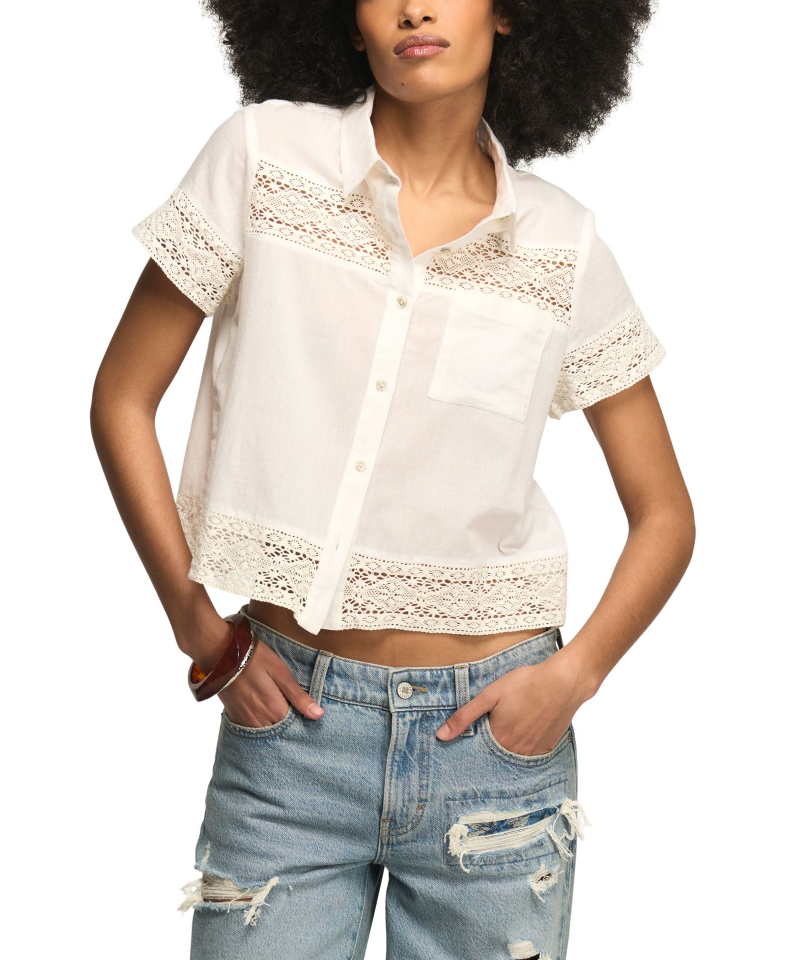 Lucky Brand Women's Cutwork Collared Camp Shirt