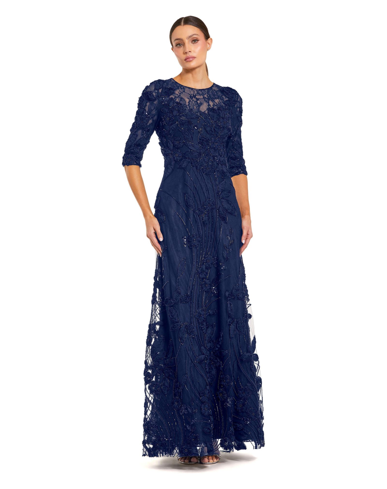 Mac Duggal вечернее кружевное платье Petite с высоким воротником и рукавами 3/4