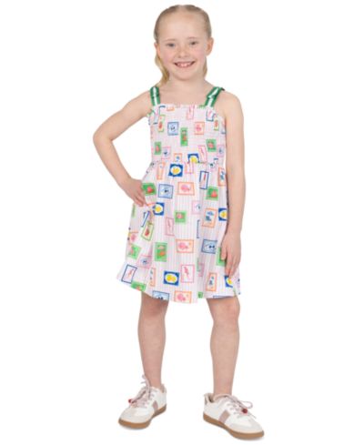 Rare Editions Girls' 2T-6X Printed Smocked Bodice Tie Shoulder Midi Dress