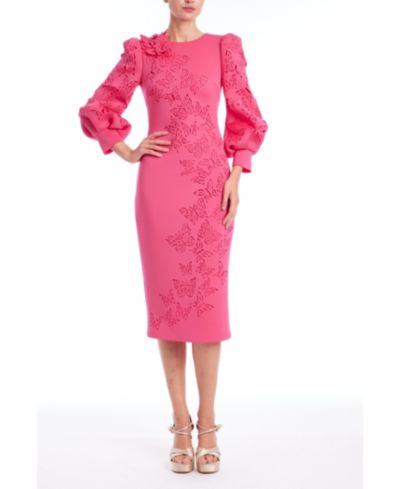Badgley Mischka Women's Long Sleeve Butterfly Applique Scuba Midi Dress