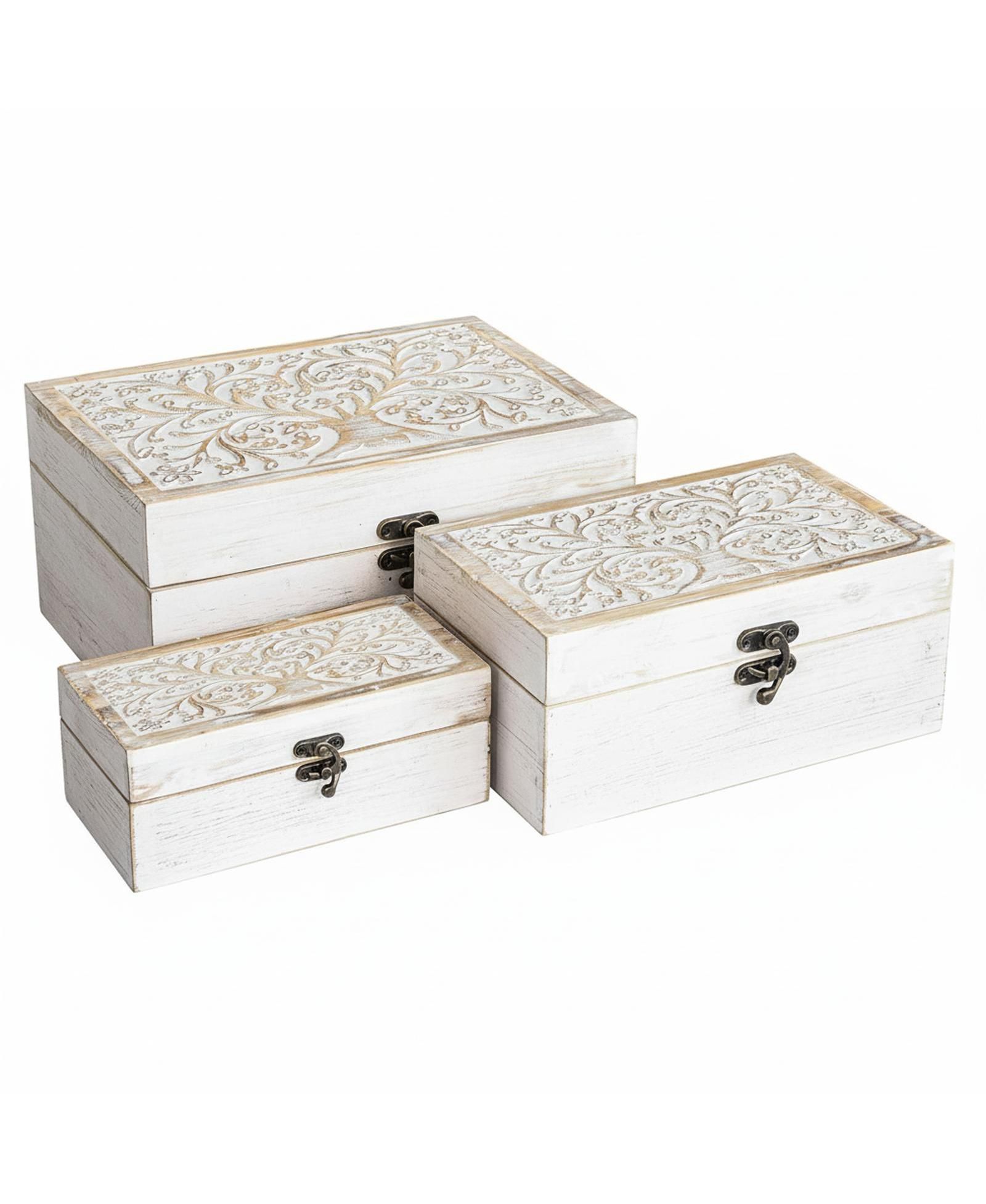 YIGII 3 Piece Tree Of Life Carved Wooden Keepsake Boxes Decorative Storage Trinket Memorabilia
