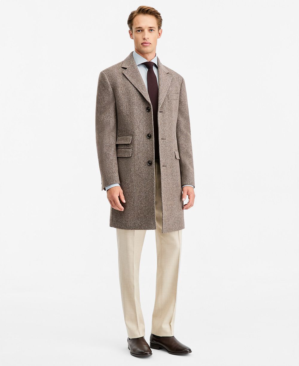 Men's Modern-Fit Taupe Mix Melange Overcoat