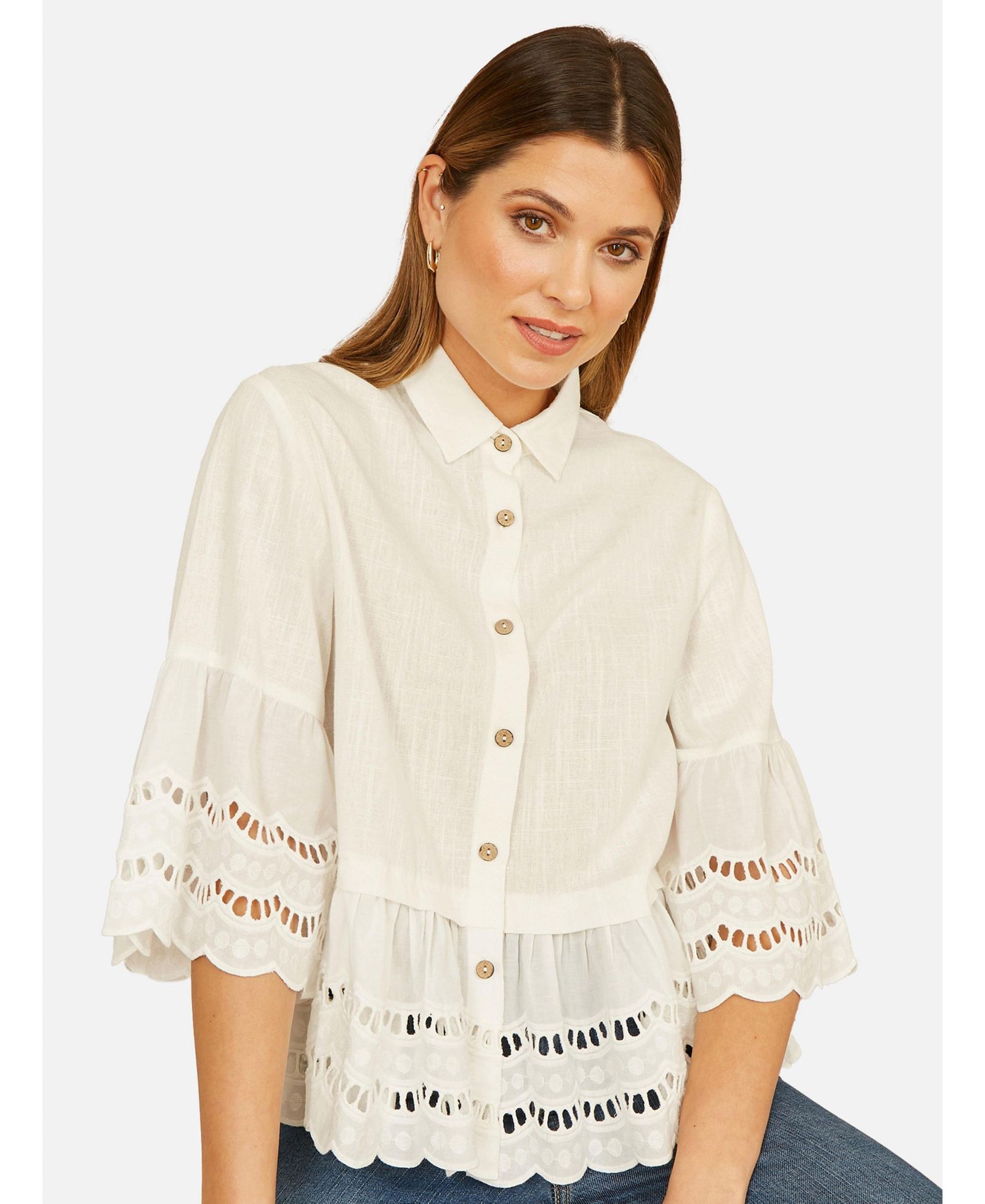 Yumi Женская 34 Sleeve Relaxed Scallop Trim рубашка