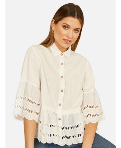 Yumi Женская 34 Sleeve Relaxed Scallop Trim рубашка