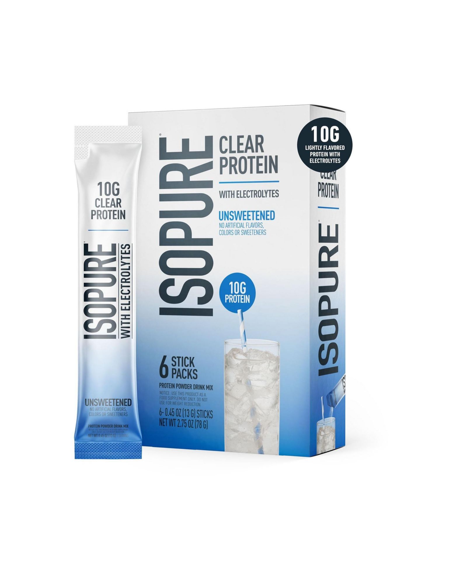 Isopure Clear Protein with Electrolytes, Unsweetened Stick Pack, 6 Count