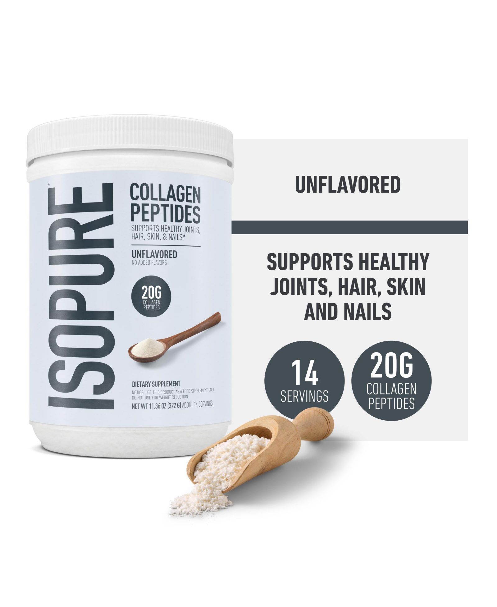 Isopure Коллагеновые пептиды в порошке для здоровья волос, ногтей, кожи и суставов, с витамином C и биотином, без вкуса, 14 порций