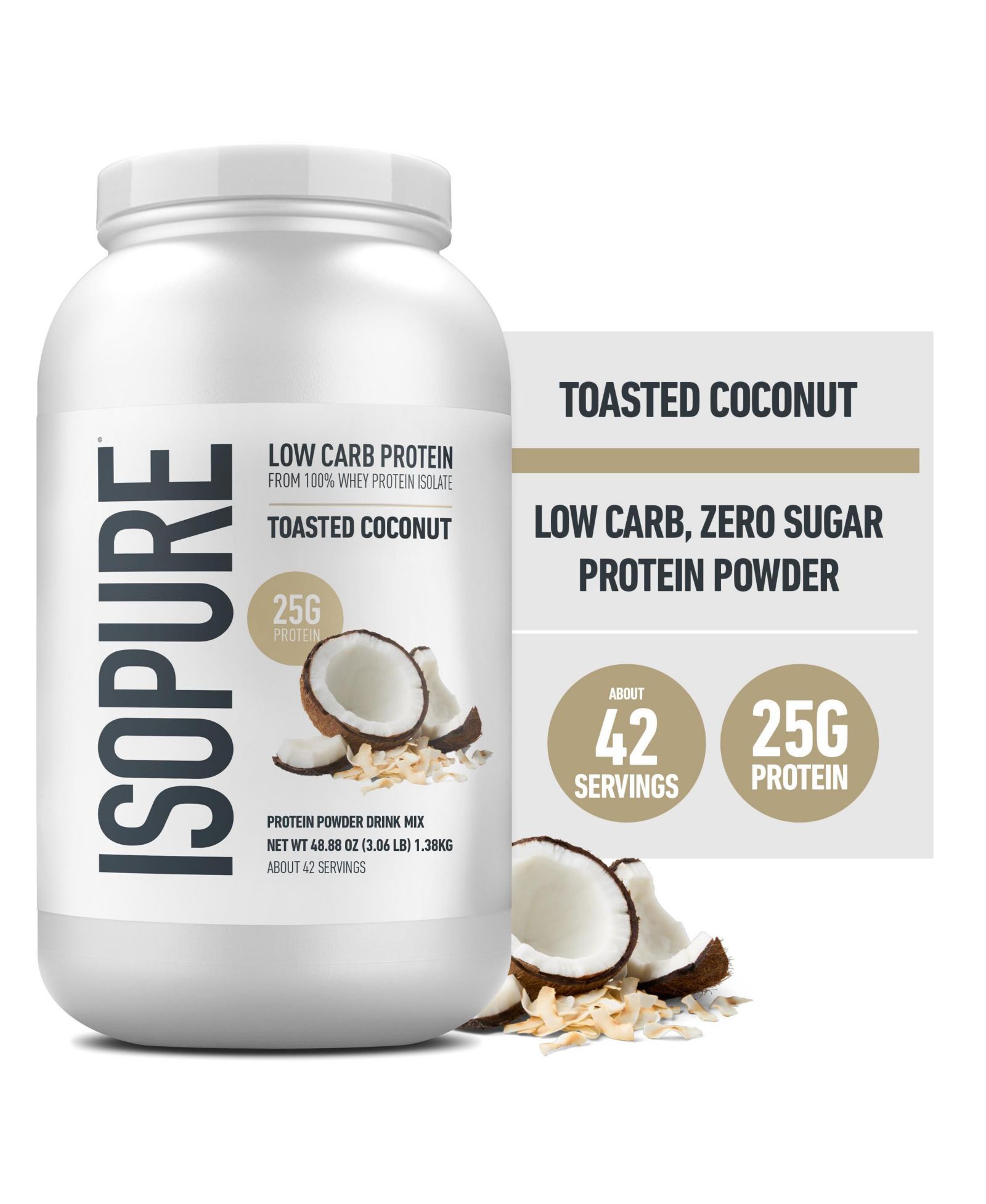 Isopure Low Carb Pure Whey Isolate протеиновый порошок, без лактозы, без глютена, с витаминами, вкус Toasted Coconut, 25g Protein Per Serving, 42 Servings