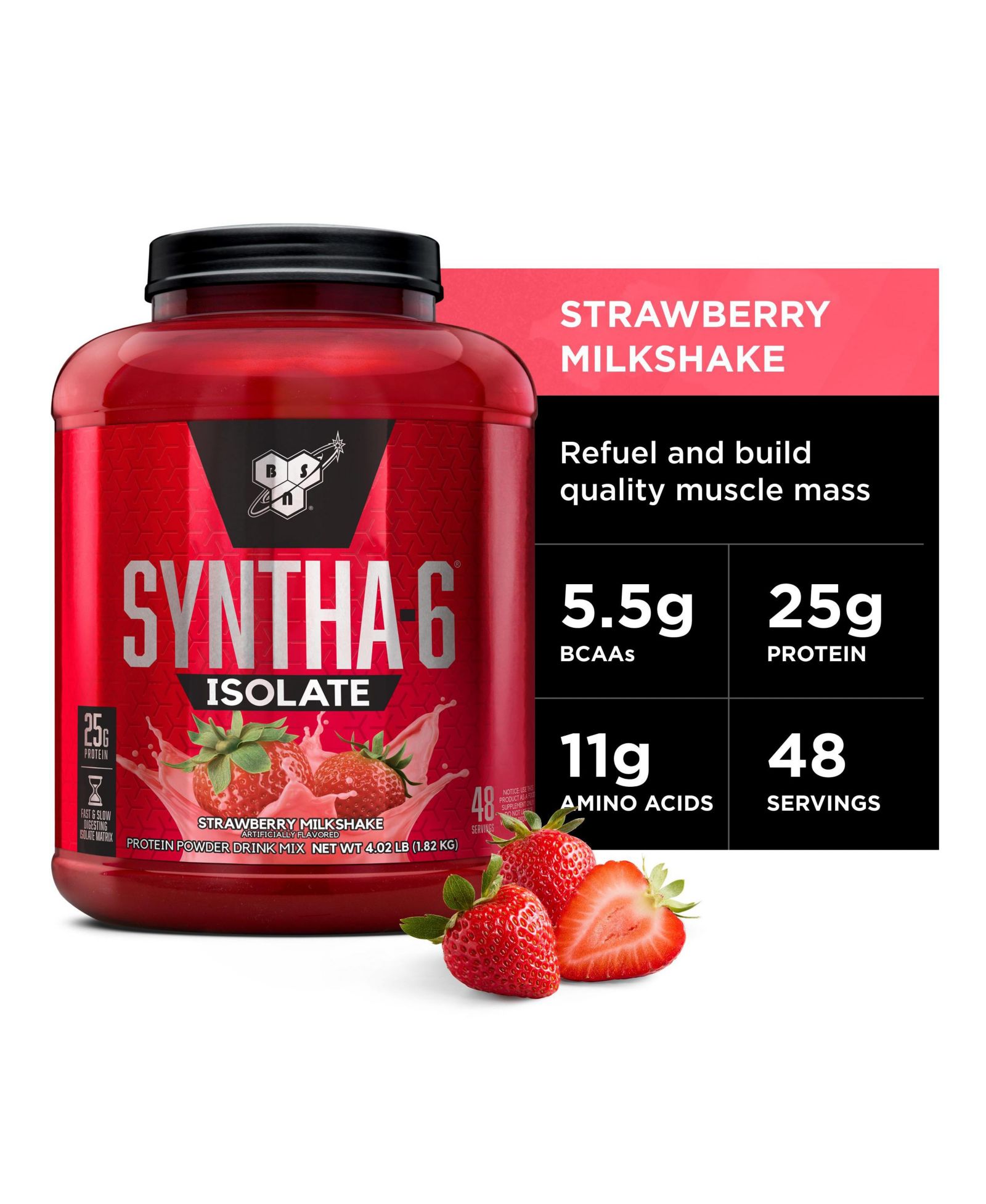 Протеиновый порошок BSN Syntha-6 Isolate Protein Powder Drink Mix, Strawberry Milkshake, 4.02 lbs 1.82 kg