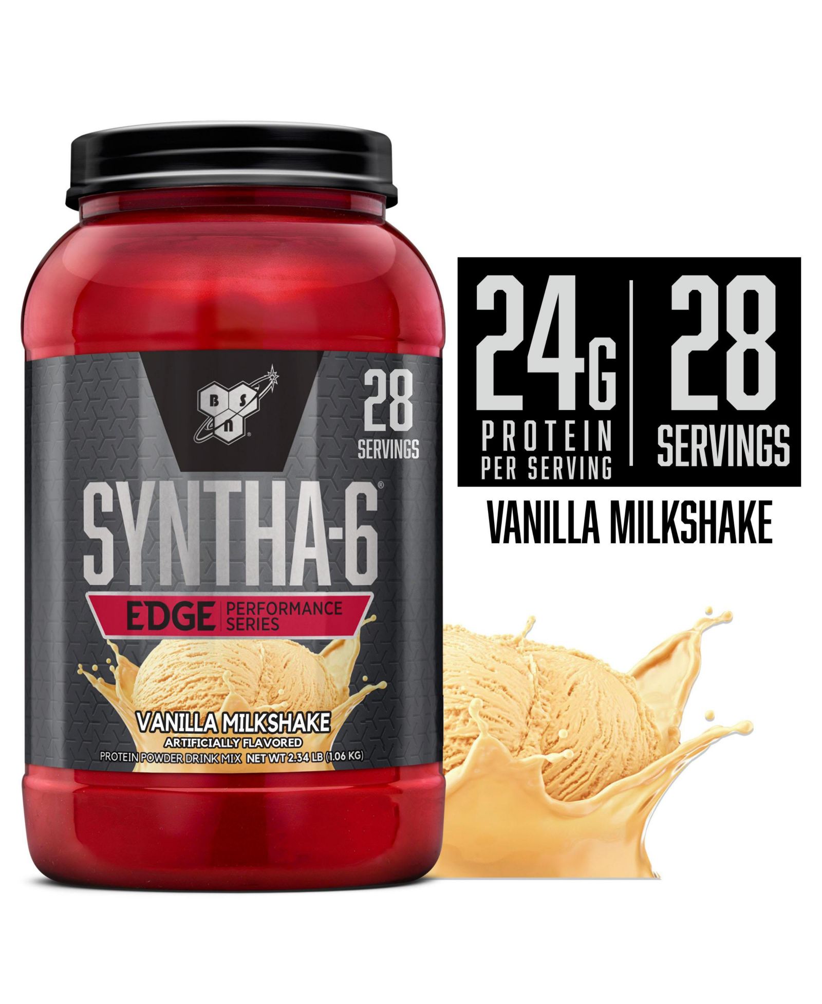 BSN SYNTHA-6 Edge Protein Powder, With Hydrolyzed Whey, Micellar Casein, Milk Protein Isolate, Low Sugar, 24g Protein, Vanilla Milkshake, 28 Servings