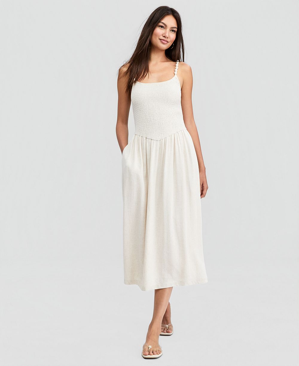 And Now This Petite Linen-Blend Beaded Strap Smocked Midi Dress, Macy's Exclusive