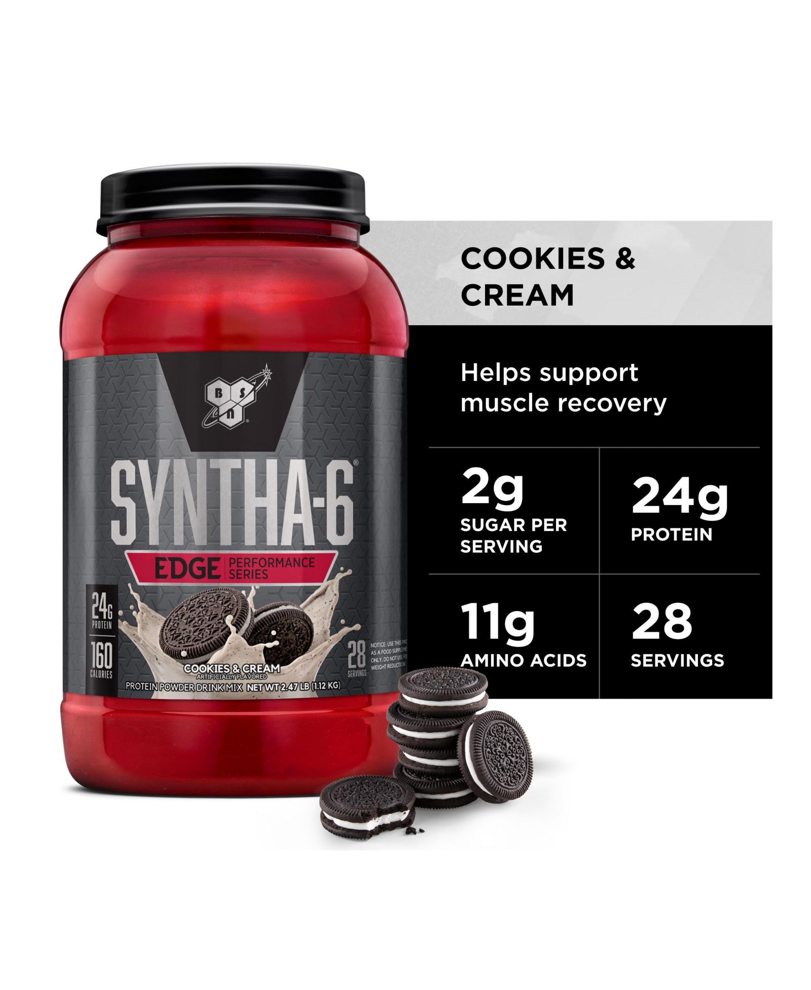 BSN SYNTHA-6 Edge Protein Powder, with Hydrolyzed Whey, Micellar Casein, Milk Protein Isolate, Low Sugar, 24g Protein, Cookies N Cream, 28 Servings