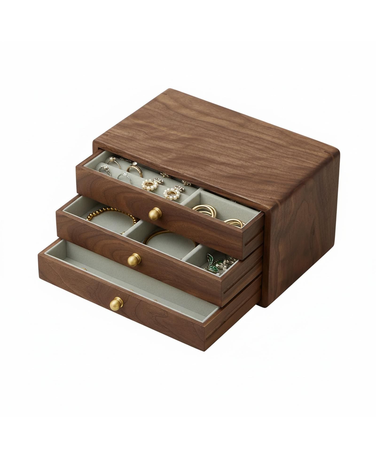 YIGII Solid Black Walnut Jewelry Organizer Box 3 Drawers Velvet Lined Brass Handles Large Storage