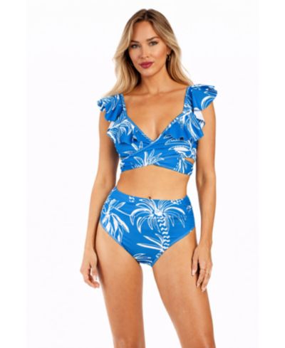 Женский бикини La Moda Clothing Blue Tropical Ruffle Set - V-Neck Wrap Top и High-Waisted Bottom Luxury Resort Swimwear