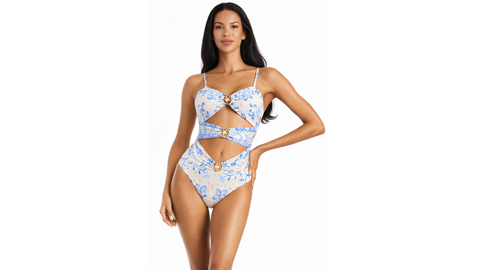 La Moda Clothing Women's Blue Floral Cut-Out One Piece Swimsuit - Elegant Resort Swimwear