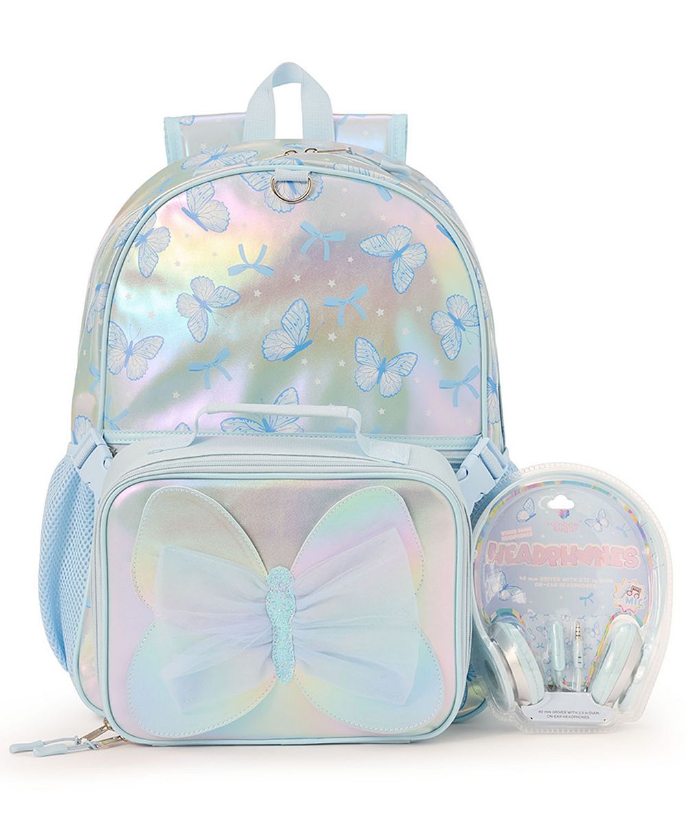 Rainbow Sugar Girls' Butterfly Backpack, 3D Ombre Bow Lunch Bag and Headphone, 3-Piece Set