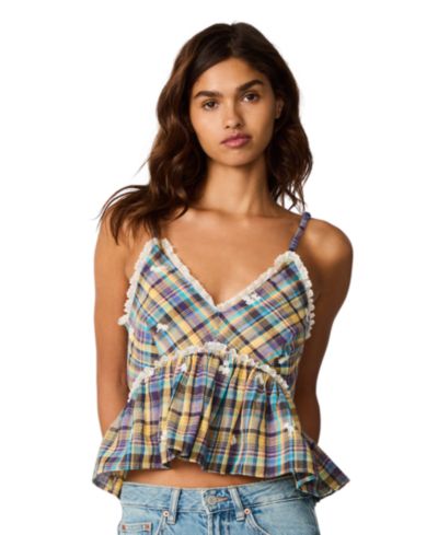 Steve Madden Women's Bryna Sleeveless Embroidered Plaid Peplum Top