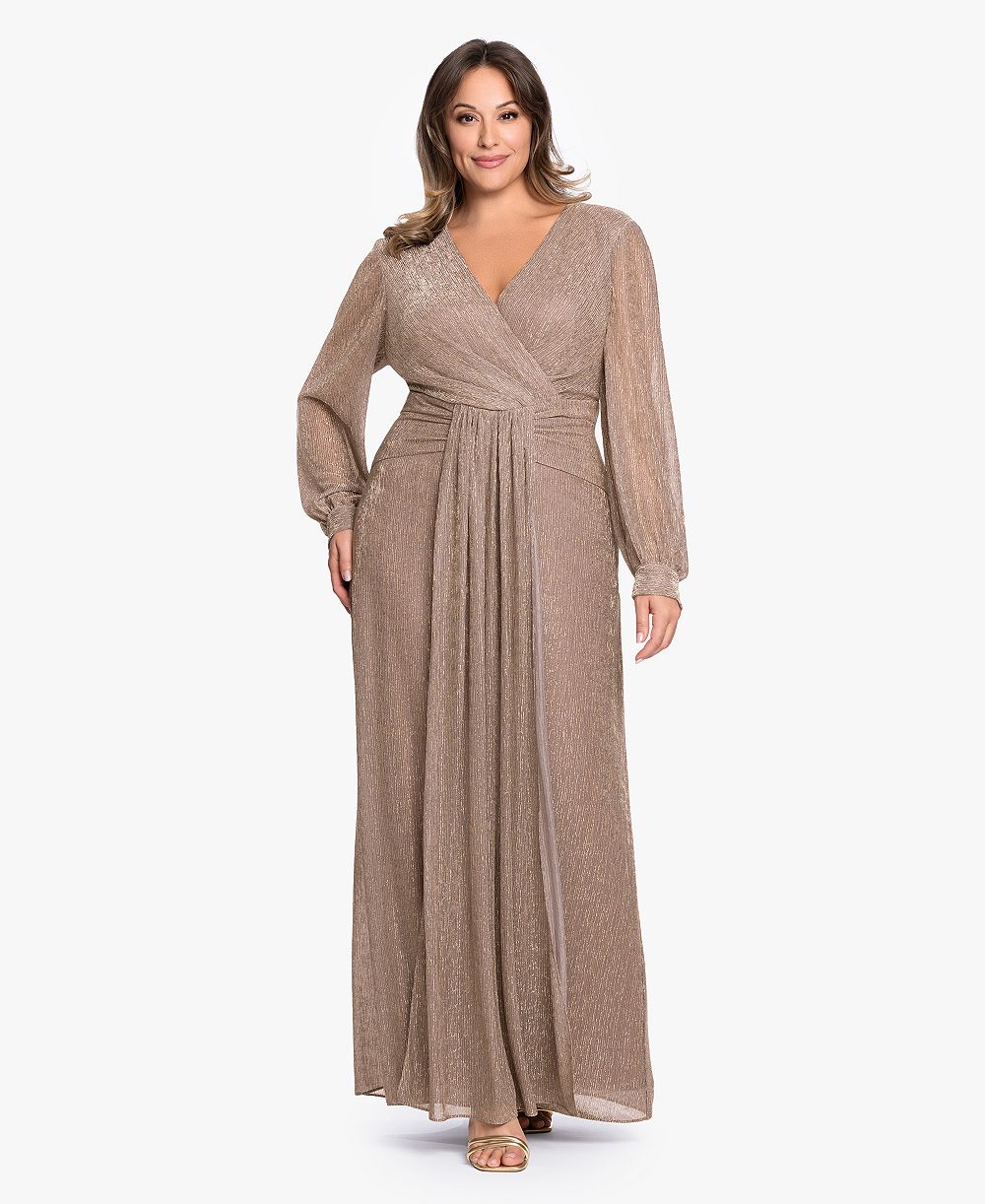 Betsy & Adam Plus Size V-Neck Lurex Knit Ball Gown