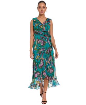 London Times Petite Ruffle Trim Surplice Neck High-Low Dress