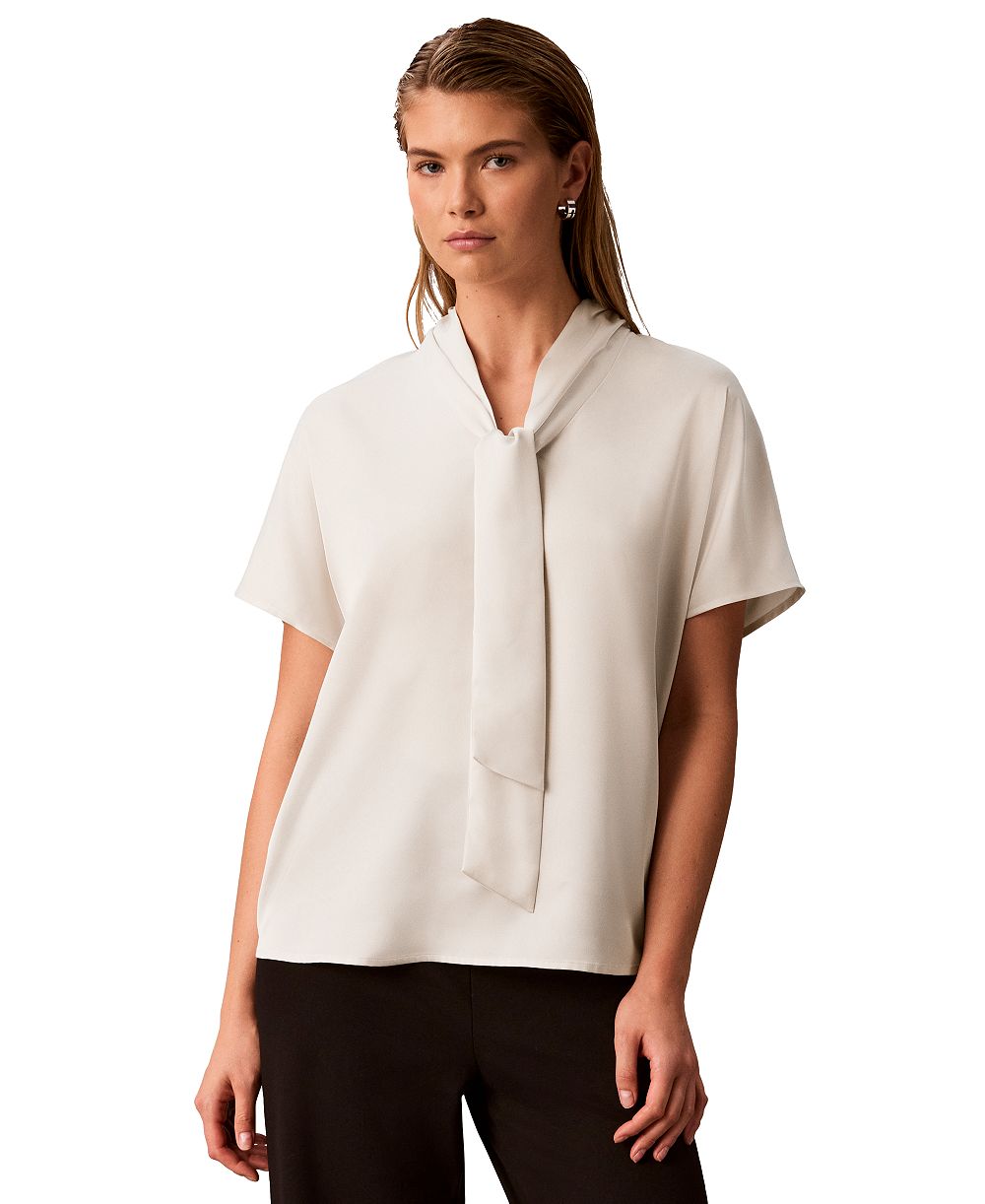 Calvin Klein Women's Matte Satin Tie-Neck Blouse
