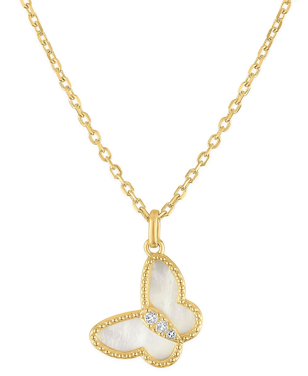 Macy's Подвеска Butterfly из Mother Of Pearl и White Topaz в 14k Gold over Sterling Silver