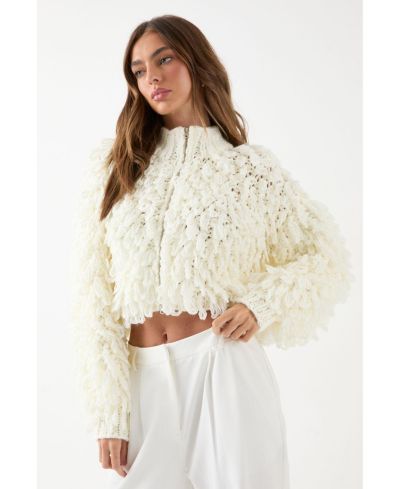 MissPap Women's Zip Up Cream Fringe Loop Cardigan