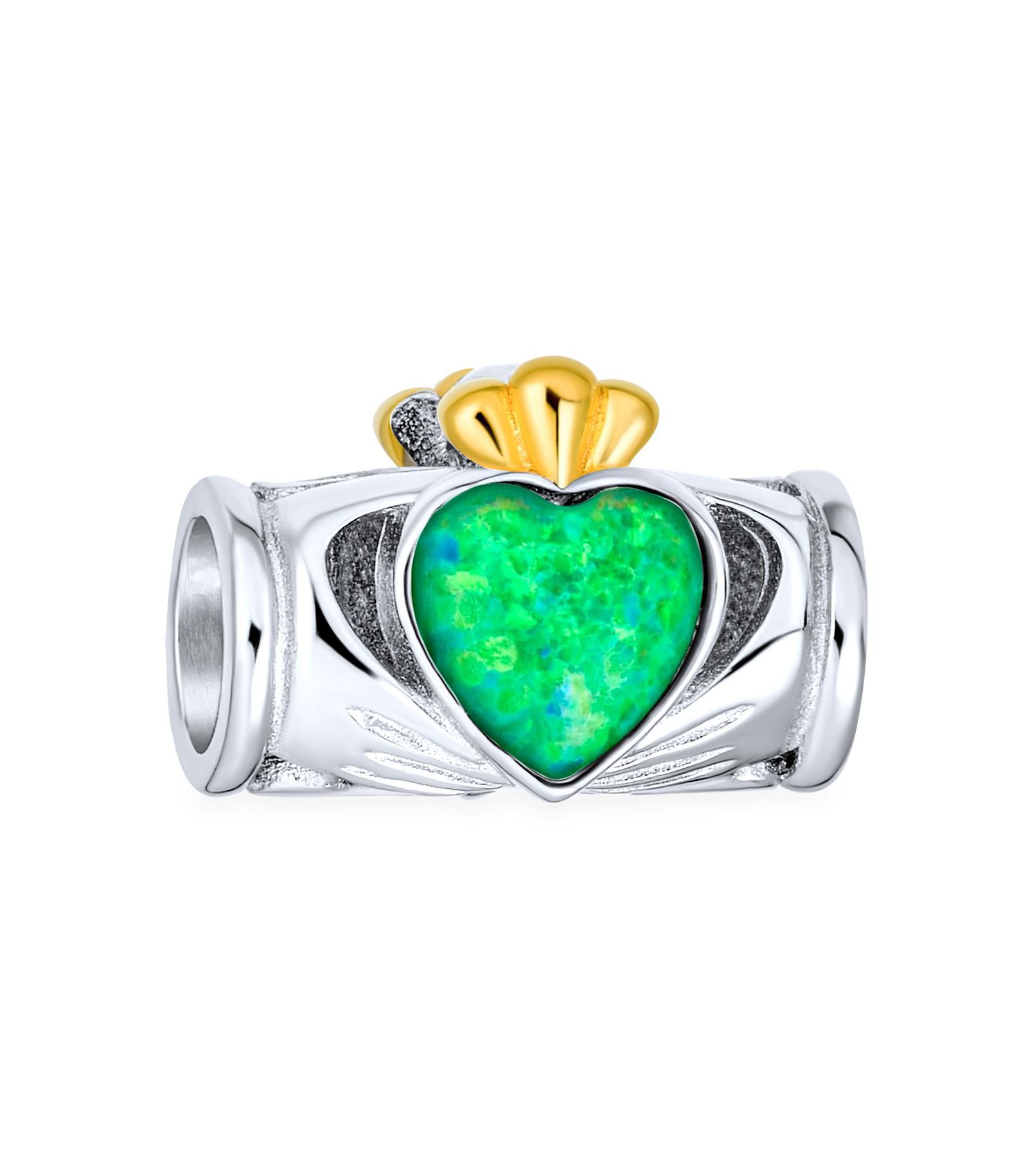 Bling Jewelry Created Green Opal Heart Claddagh Charm Bead .925 Sterling Silver for Bracelet