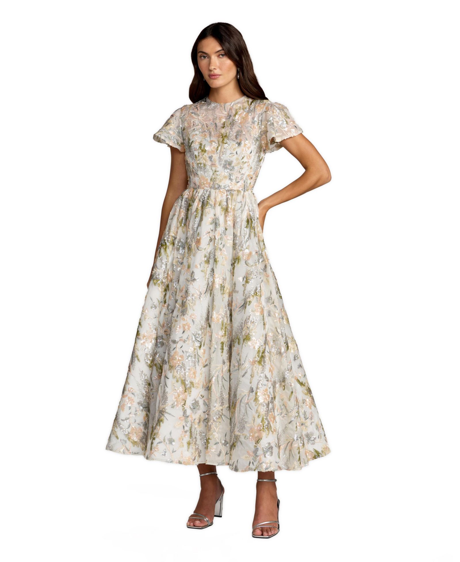 Mac Duggal Women's Multicolor Flutter Sleeve Sequin A-Line Midi Dress