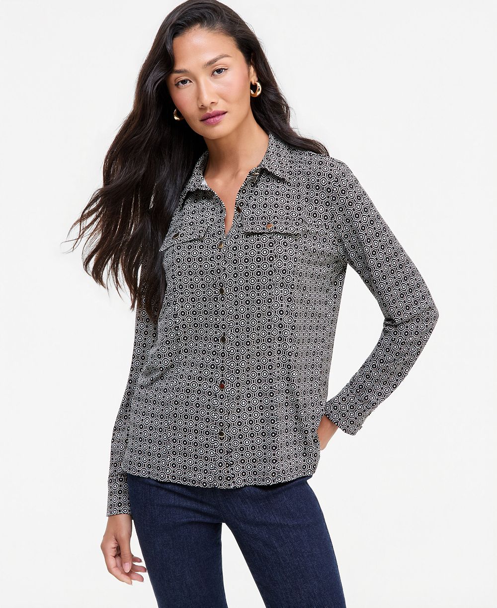I.N.C. International Concepts Women's Utility Printed Long-Sleeve Button-Up Blouse, Macy's Exclusive