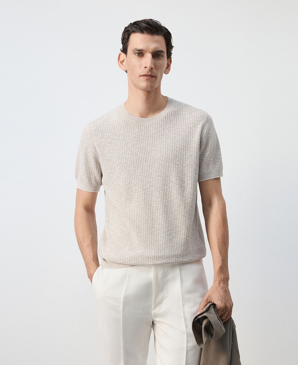 Mango Men's Ribbed Linen-Cotton Blend T-Shirt