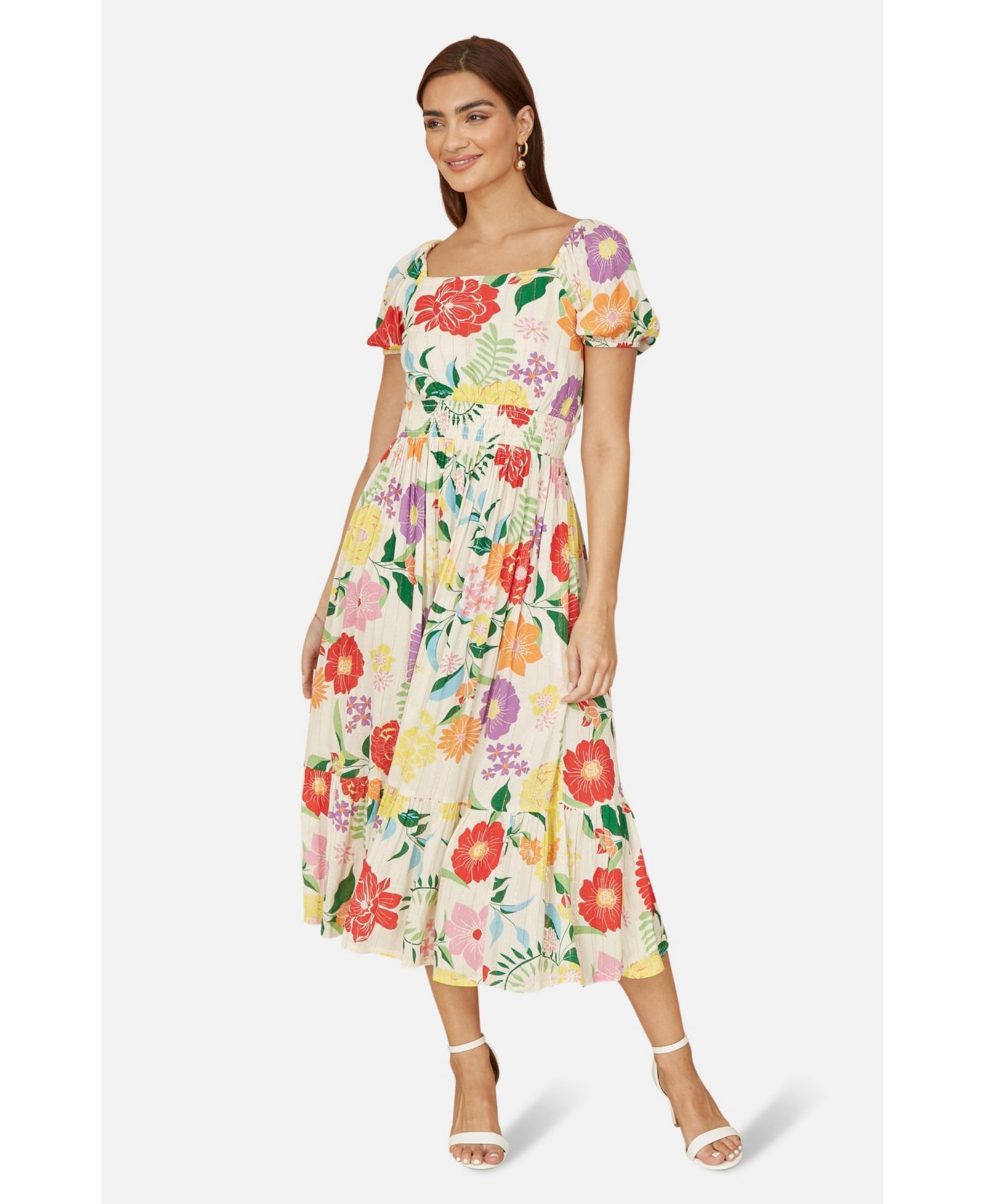 Женское миди платье Yumi Short Sleeve Square Neck