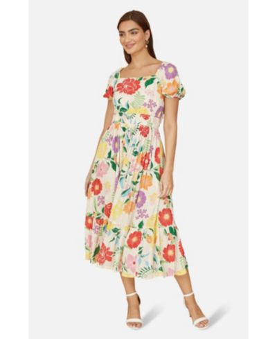 Yumi Women's Short Sleeve Square Neck Midi Dress