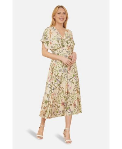 Yumi Women's Short Sleeve V-Neck Ruched Midi Dress