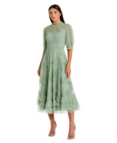 Mac Duggal Petite High Neck Puff Sleeve Ruffle Tiered Dress