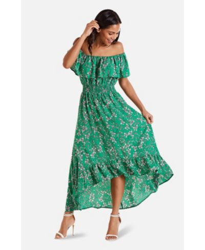 Yumi Women's Floral Bardot Ruffled Hem Midi Dress