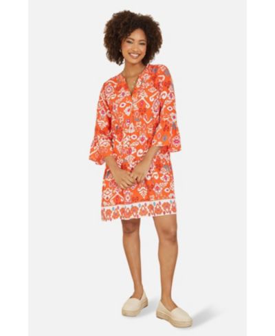Yumi Women's Ikat Print 3/4 Sleeve Tunic Dress