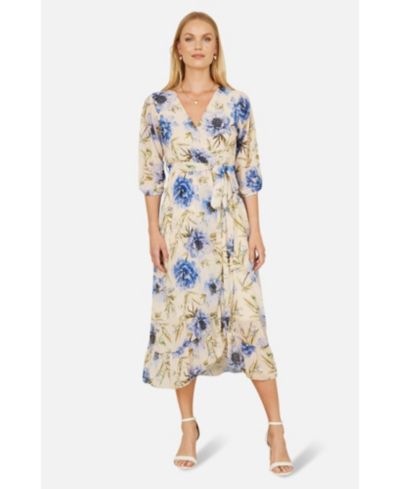 Yumi Women's 3/4 Sleeve V-Neck Wrap Midi Dress