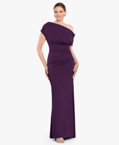 Betsy & Adam Women's Off-The-Shoulder Ruched Scuba Long Dress