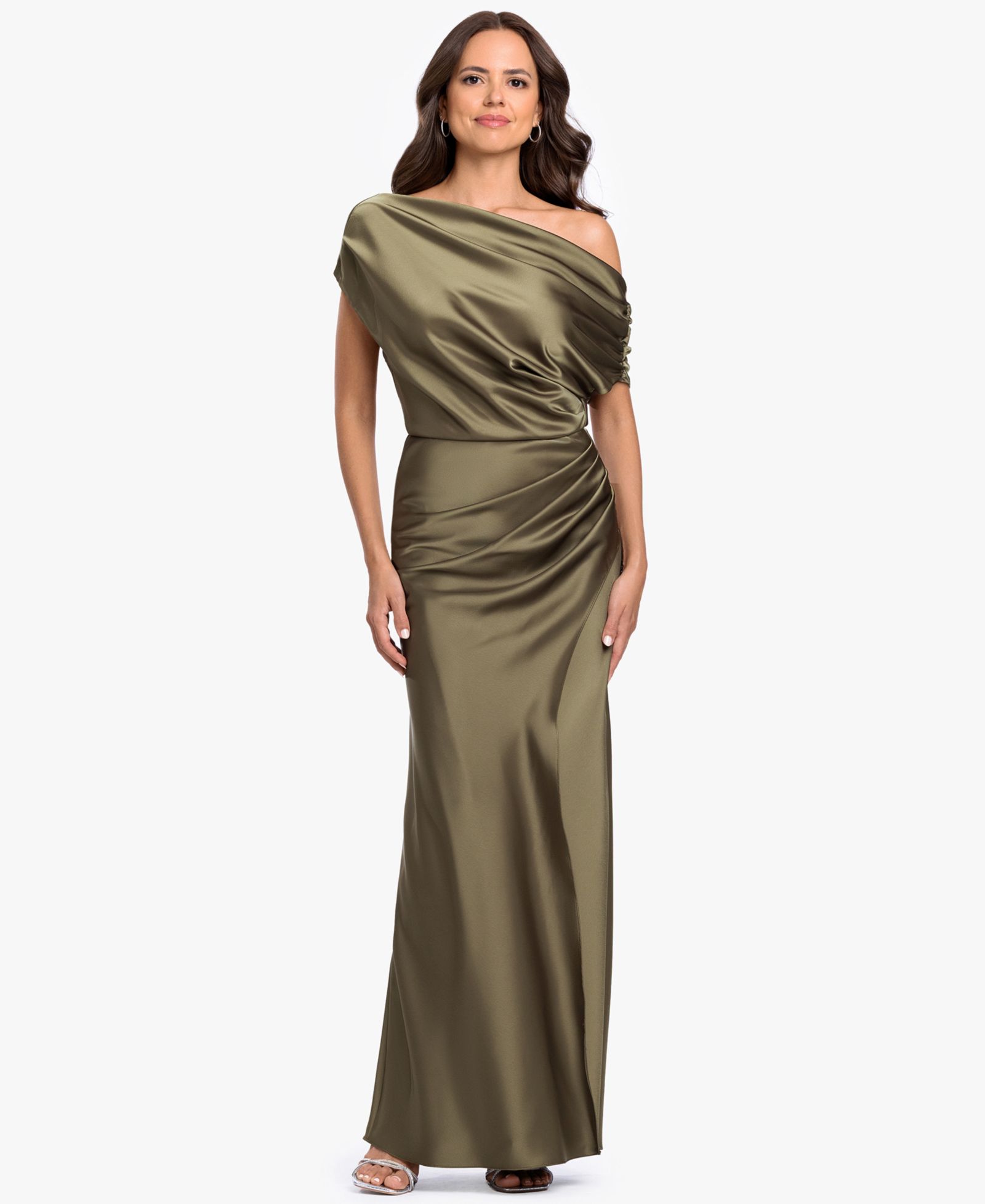Betsy & Adam Women's Long Double Satin One-Shoulder Column Gown