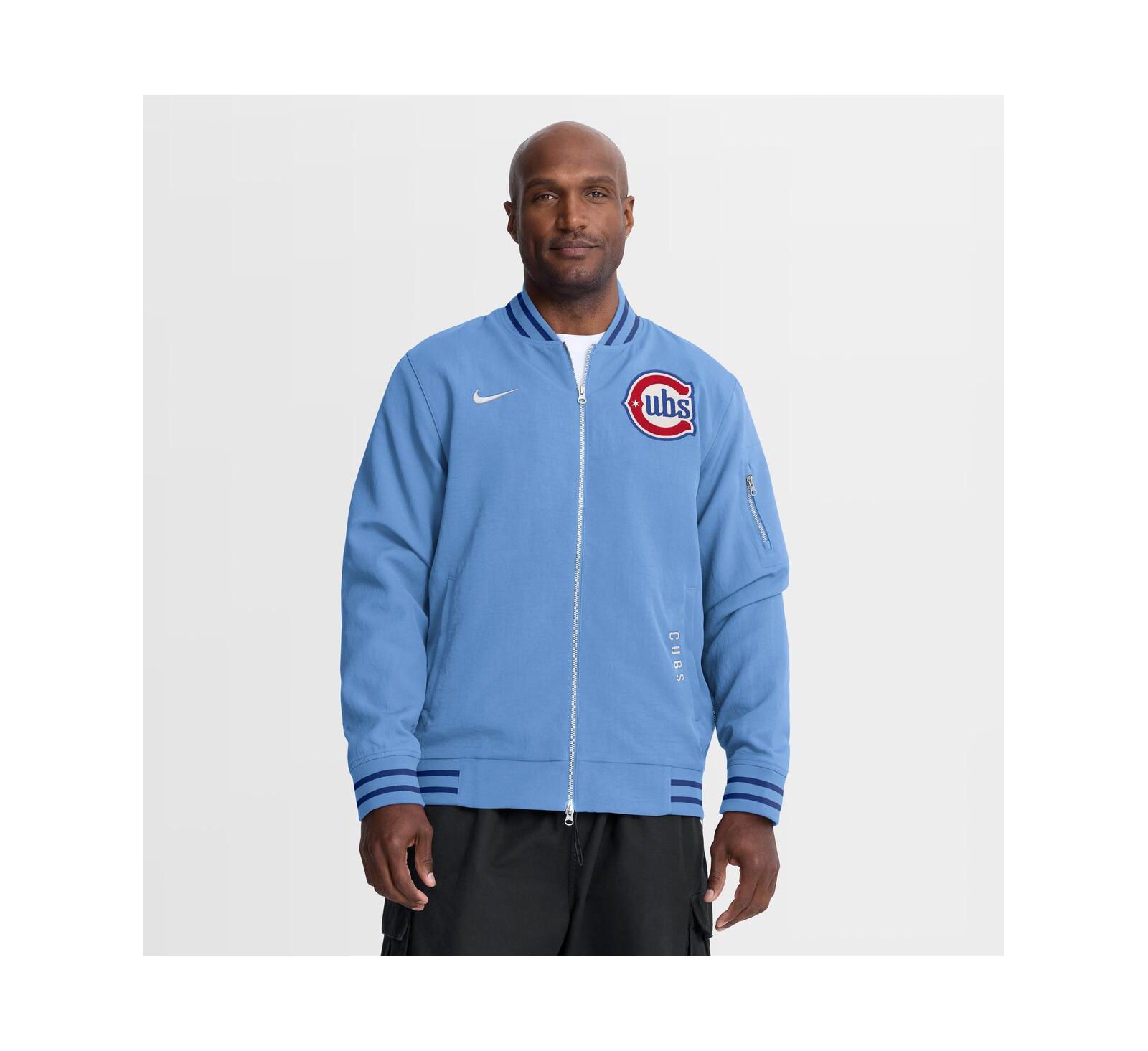 Nike Men's Light Blue Chicago Cubs Authentic Collection Dugout Relaxed Full-Zip Bomber Jacket
