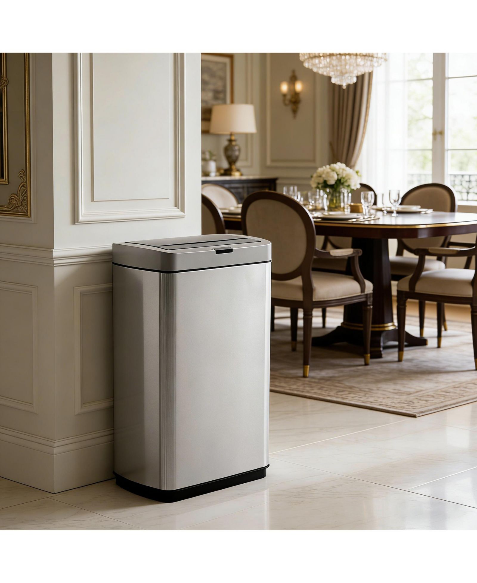 Mega Casa 13 Gallon Butterfly Lid Stainless Steel Touchless Sensor Trash Can Includes 26 Bags with Silent Close for Kitchen