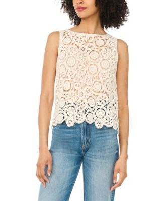 1.STATE Women's Crewneck Sleeveless Crochet Shell Tank Top