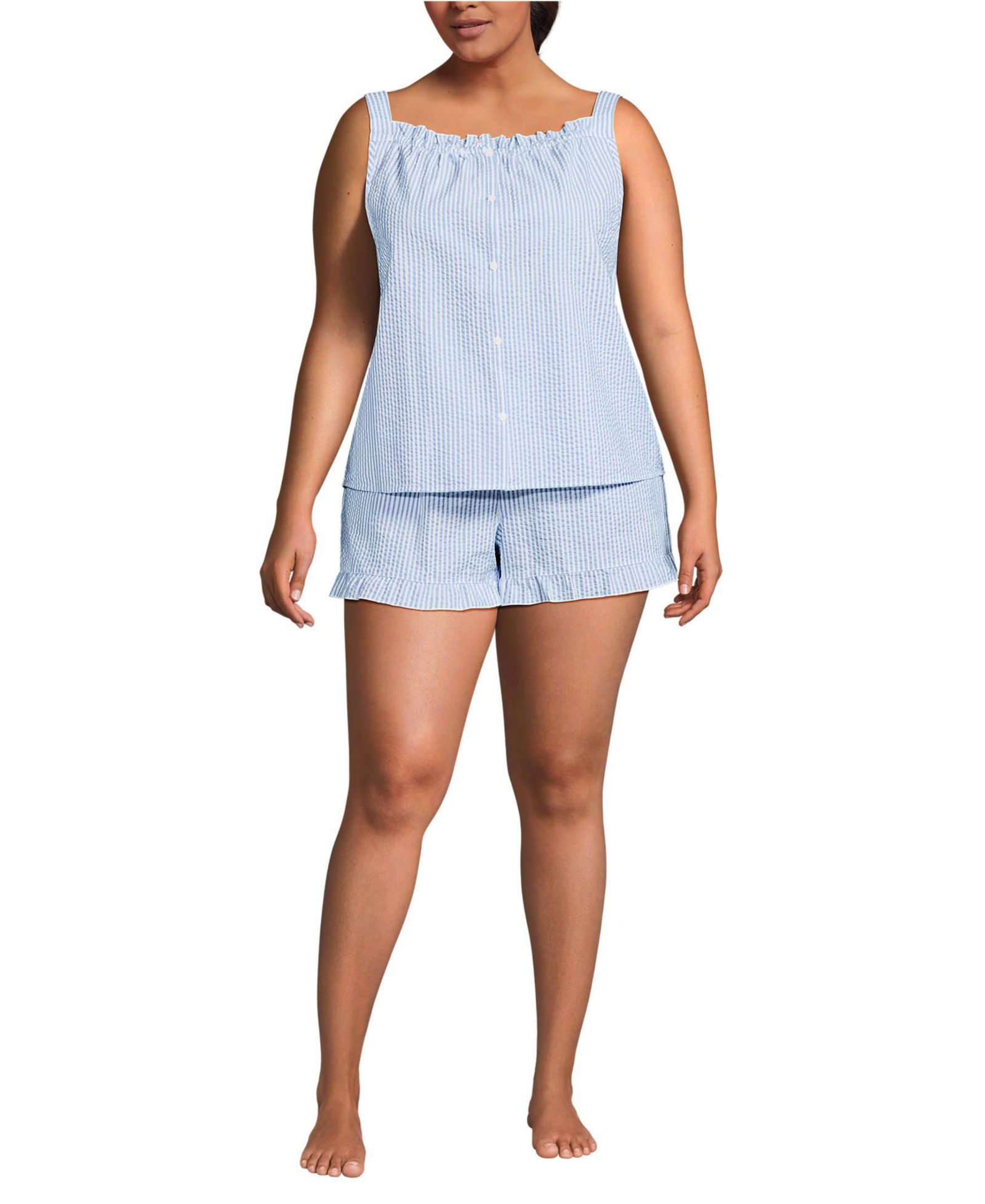 Lands' End Plus Size Seersucker 2 Piece Pajama Set - Tank and Shorts